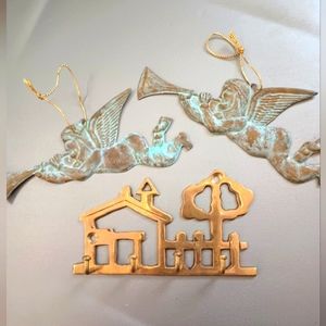 2 rustic metal Angel ornaments and house and tree key holder hook decor'